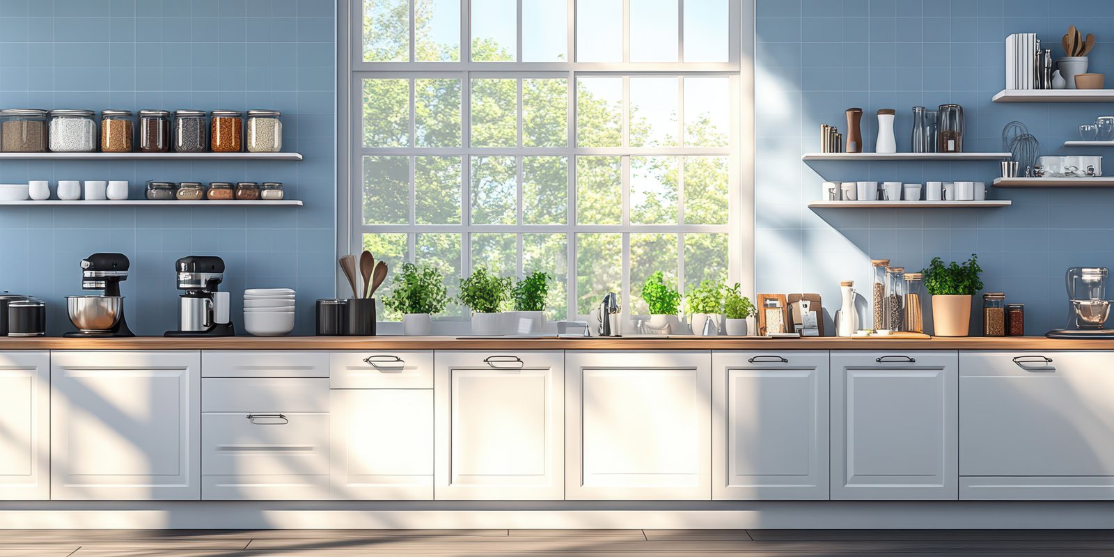Bright and modern kitchen with plants, coffee makers, and organized shelves during daylight